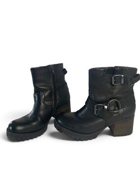 Bullboxer Carly Combat Moto Ankle Boots Women's 7M Black Leather Block Heel